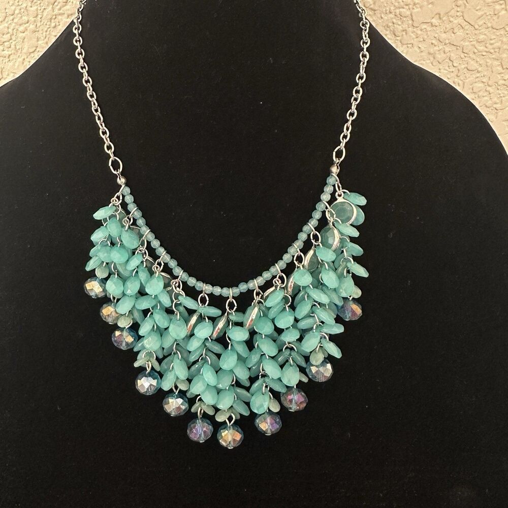 Turquoise Marquise Statement Necklace – Silver-Tone Layered Bib Style‎
